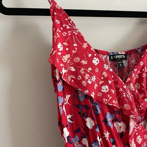 Express Women Sz S Red Floral Faux Wrap Adj Spaghetti Strap Ruffled Sundress - Picture 7 of 11
